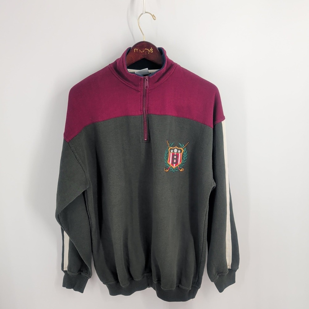 Bugle Boy Company 1/4 Zip Golf Logo Pullover Sweatshirt Maroon Dark Green Size L